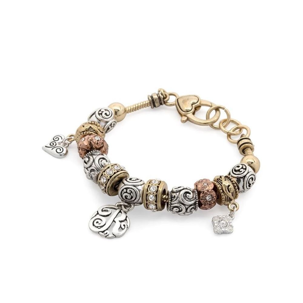 Three toned “R” initial charm bracelet